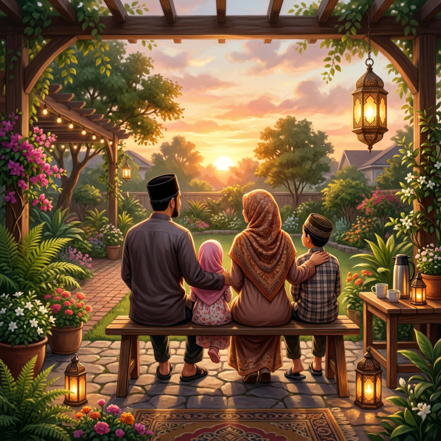 Family seated together on a garden bench at sunset