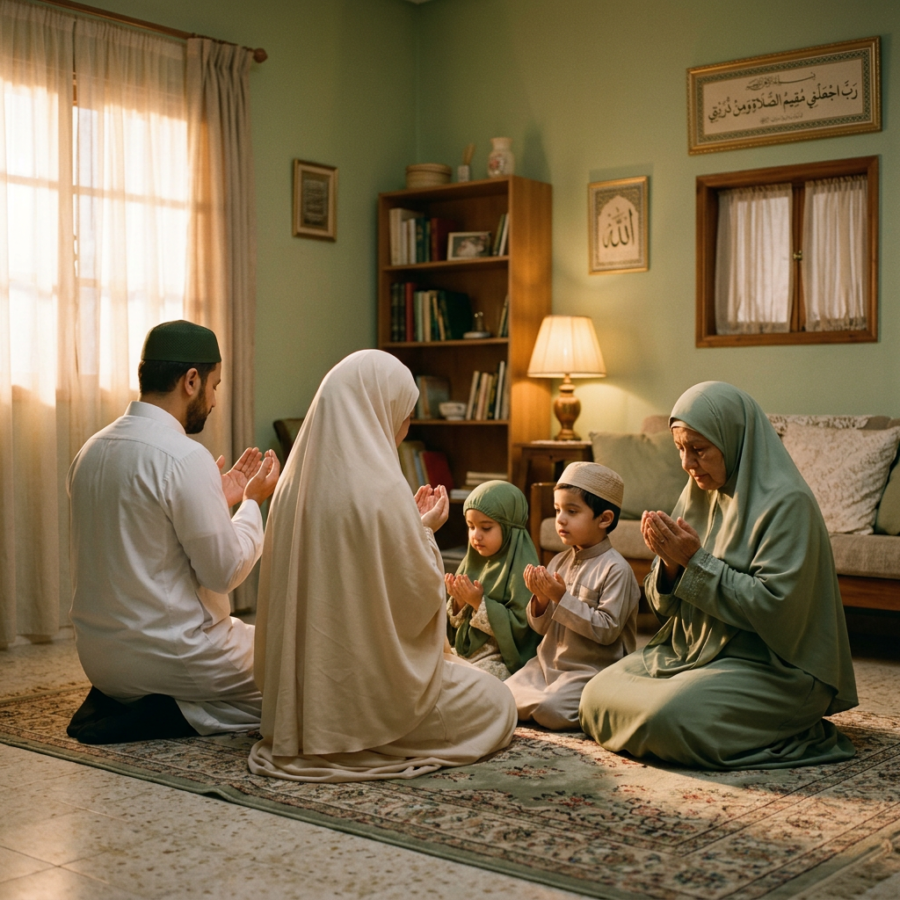 Muslim family members kneeling and praying together in a living room