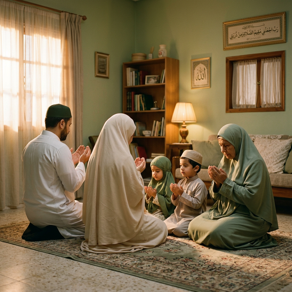 Muslim family members kneeling and praying together in a living room